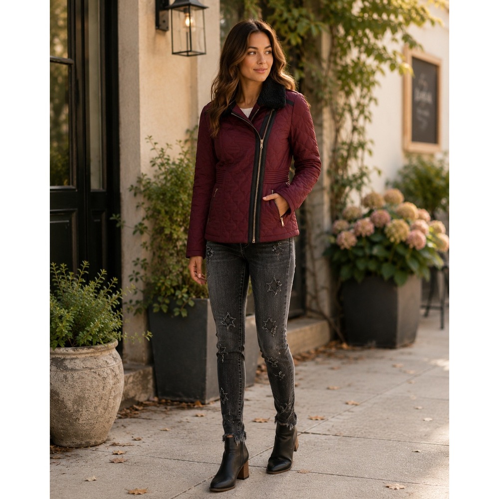 GUESS Jacket Women Small Burgundy Quilted‎ Moto Sherpa Winter Preppy